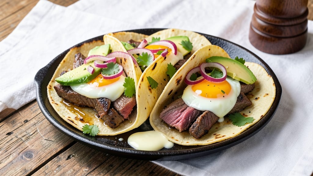 Steak and Egg Tacos Recipe: Crispy Celery Crowns Over Runny Yolks