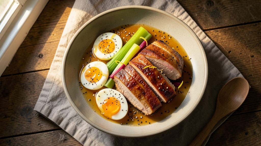 Sweet Pork and Egg Recipe: Crispy Celery Crowns Over Silky Yolk Harmony