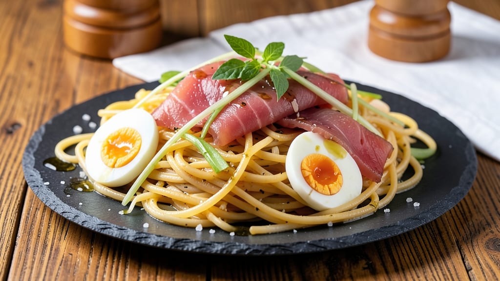 Tuna Egg Pasta Recipe: Crispy Celery Crowns Over Poached Egg Luxe