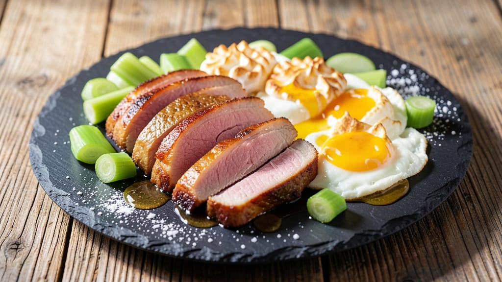 Sliced Ham and Eggs Recipe: Crispy Celery Crowns Over Silky Poached Eggs