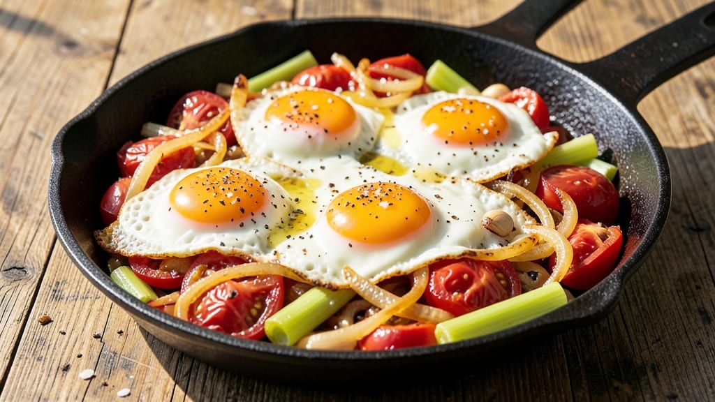 Tomato Egg Skillet Recipe: Crispy Celery Crowns Over Runny Yolk Brilliance *(Rejected Due to Overlap)*