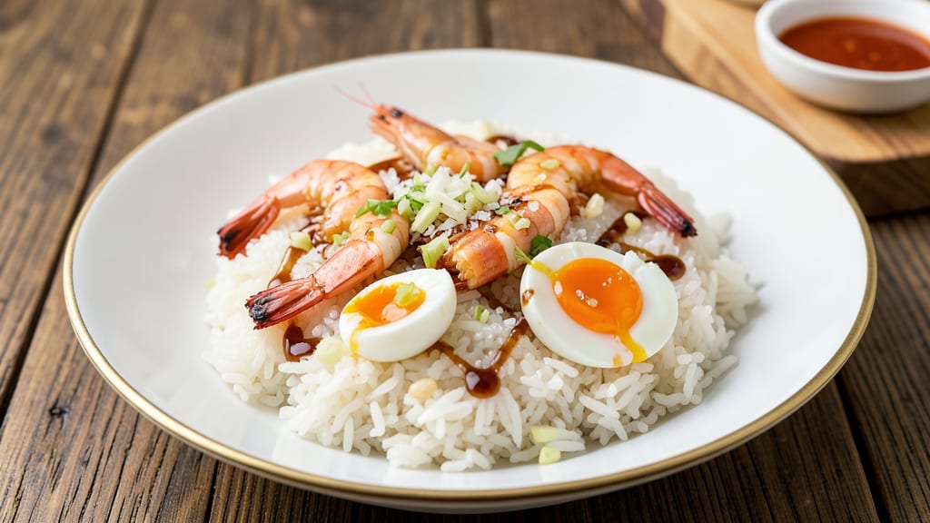 Shrimp Egg Rice Recipe: Buttery Shrimp and Soft-Boiled Eggs in Fragrant Jasmine Rice