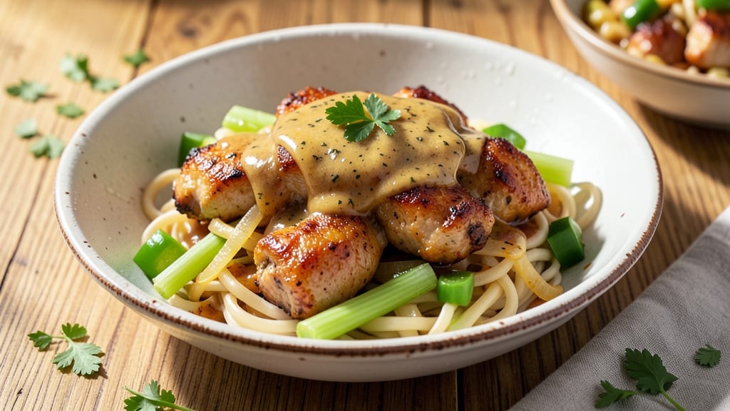 Southern Chicken And Egg Noodles Recipe: Creamy One-Pan Comfort with Crispy Celery Crowns