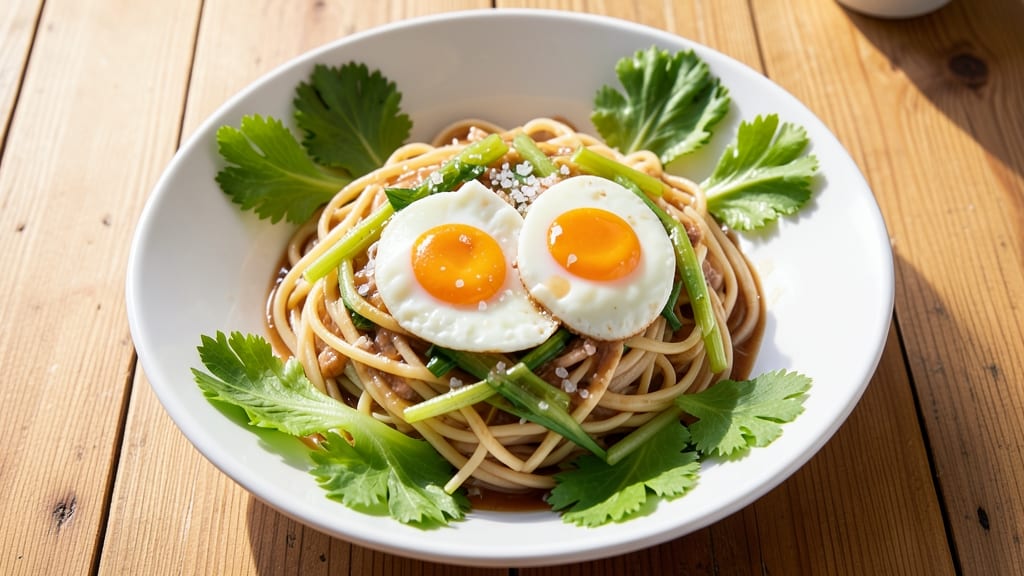 Summer Egg Noodle Recipe: Crispy Celery Crowns Over Silky Poached Eggs