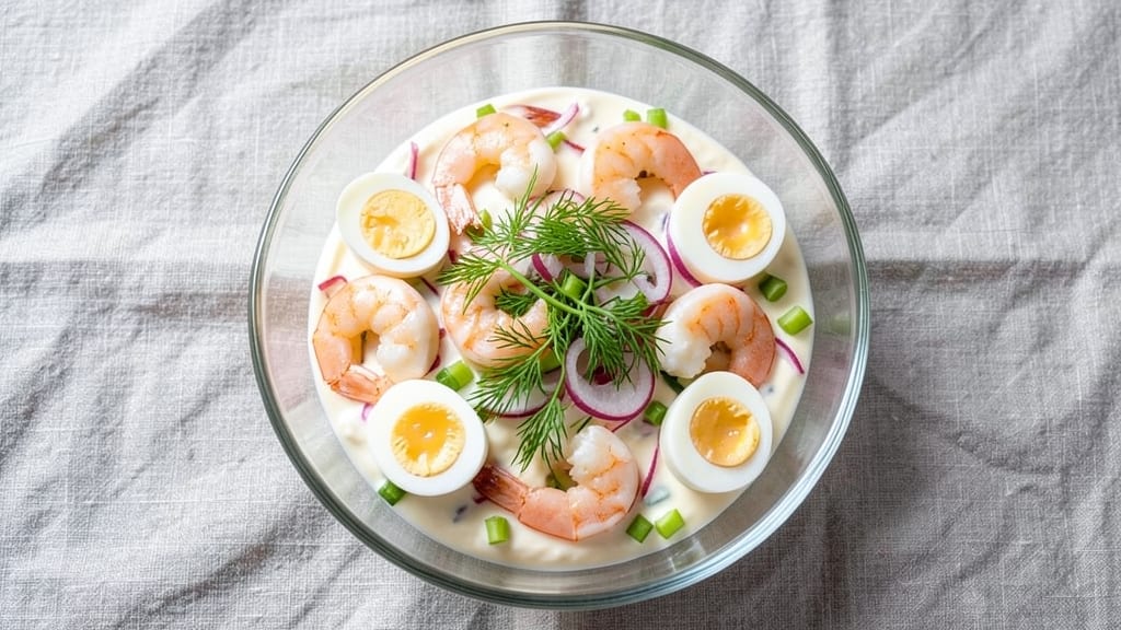 Shrimp and Boiled Egg Salad Recipe: Crisp Celery Bites Over Creamy Yolk Clouds