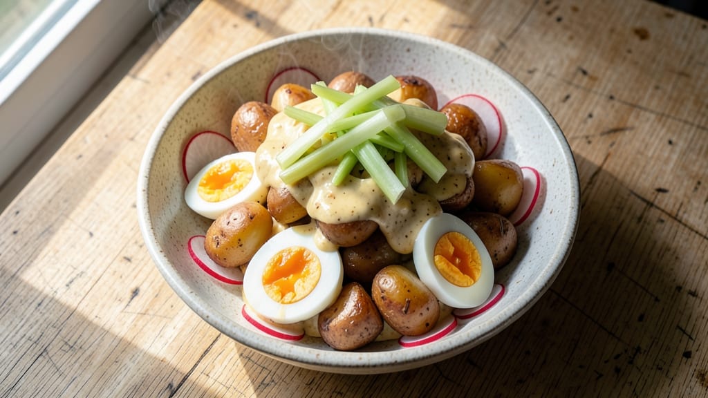 Potato Salad Recipe With Egg And Radishes: Crispy Celery Bites Over Creamy Yolk Brilliance