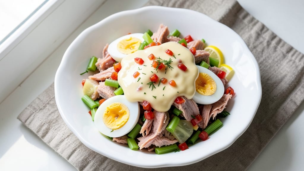 Tuna Salad Recipe With Egg and Relish and Mayonnaise: Crunchy Celery Crowns Over Creamy Yolk Brilliance